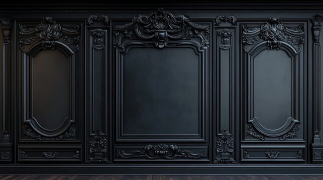 Dark baroque paneling with intricate carvings offers a luxurious backdrop