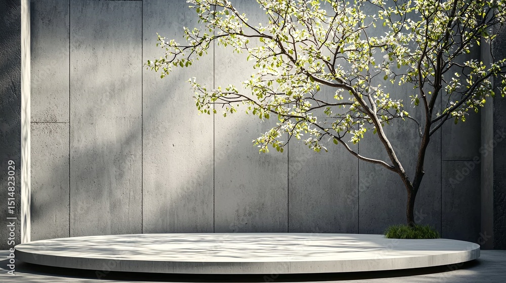 Poster circular white stage with small tree in minimalist studio setting