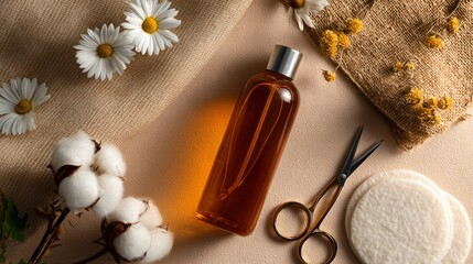 Flat lay of chamomile-infused toner, small scissors, and cotton pads on airy beige background