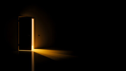 Open door with bright light illuminating a dark room opportunity and hope concept