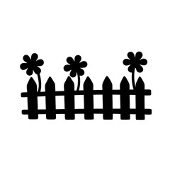 Black silhouette illustration of a picket fence with some flowers behind it