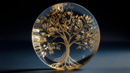 Elegant golden tree with intricate branches and roots encased in a clear sphere, illuminated on a dark background, symbolizing life and nature's beauty.
