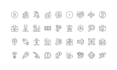 Alternative digital money, blockchain, hot and cold wallet thin black outline symbols vector illustration. Bitcoin, cryptocurrency transfer and exchange, trade and crypto mining line icon set.