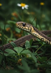 Obraz premium Realistic Photo Snake Coiled Among Green Grass Wildlife Reptile Garden
