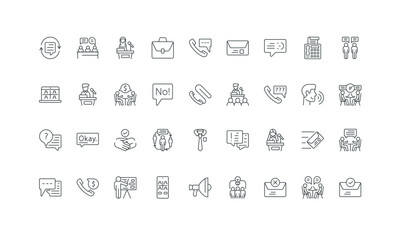 People talk and speak, announce messages, opinion thin black symbols vector illustration. Business communication, conference and presentation, seminar, forum speech of speaker line icon set.