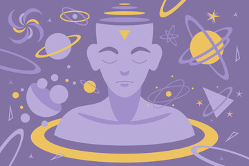 Person with closed eyes surrounded by space objects. Man dreams and thinks about the universe vector illustration in flat style.