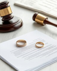 Wedding Rings and Gavel on Divorce Papers divorce gavel rings papers legal law marriage separation