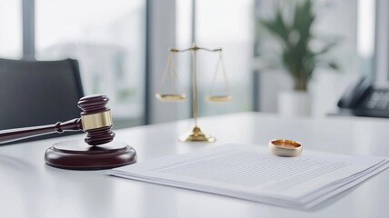Symbols of Divorce and Justice: Gavel, Scales, Ring, and Legal Papers on Desk legal papers desk law