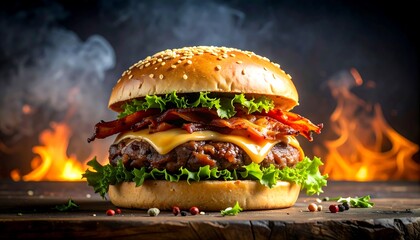 Delicious Bacon Cheeseburger on a Grilling Fire with Smoked, and Gourmet Food.