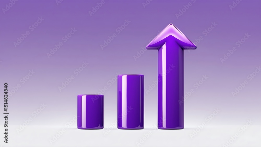 Poster upward trend represented by purple columns and an arrow in a gradient background