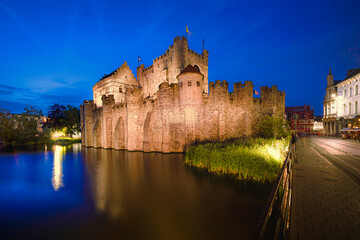 Castle Gravensteen, Ghent (Gent), Belgium. Medieval Castle of the Counts cityscape in Flanders.