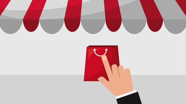Online shopping concept with storefront awning and shopping bag