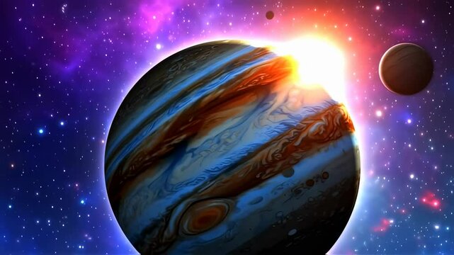 A majestic view of jupiter set against a cosmic backdrop featuring a vibrant nebula and distant stars creating a sense of wonder