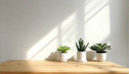 Three small potted plants sit on a wooden table, bathed in natural sunlight against a plain white wall, Minimalist home decor.