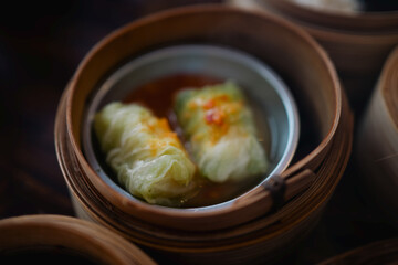Steamed Cabbage Roll Dim Sum in Bamboo Basket