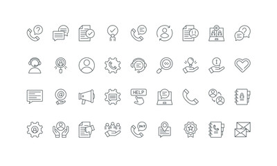 Complaint report and questions, problem solving thin black outline symbols vector illustration. Customer support service, call center and tech problem assistance, online guide line icon set.