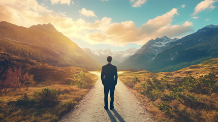 Fototapeta premium Businessman standing at a crossroads, contemplating two diverging paths leading through a mountainous landscape.