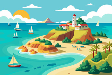 Naklejka premium Serene Island Beachscape with Sailing Boats