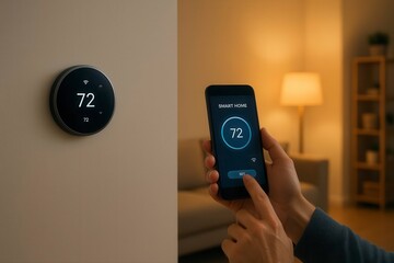 Person adjusting smart thermostat with phone in a home environment view