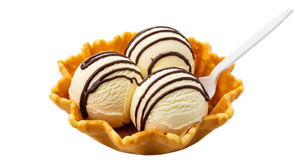 Three Scoops Vanilla Ice Cream with Chocolate Drizzle in Waffle Bowl isolated on transparent background