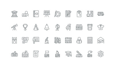 Learn and test astronomy and geography, biology and physics, chemistry lesson thin black symbols vector illustration. Back to school, student and teacher in classroom, graduation line icon set.