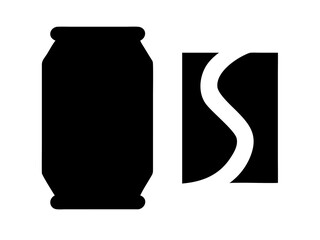 Fototapeta premium Opened and unopened aluminum soda cans, illustrating product lifecycle. Simple black and white graphic of two soda cans, one intact and the other opened with a wavy, dented top.