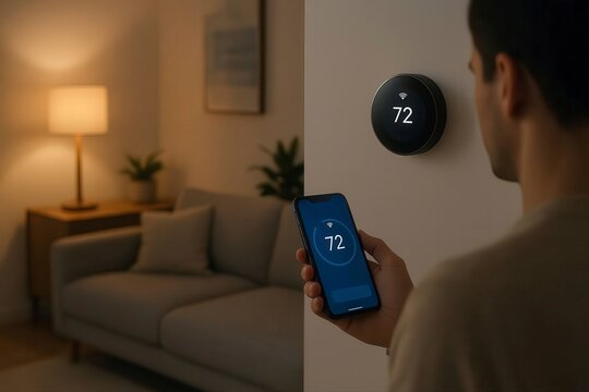 Man adjusting smart thermostat with phone in modern living room scene