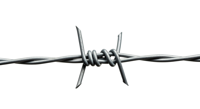 Close-up of Barbed Wire on Sharp, Detailed Image of Intertwined Metal Wires isolated on transparent background