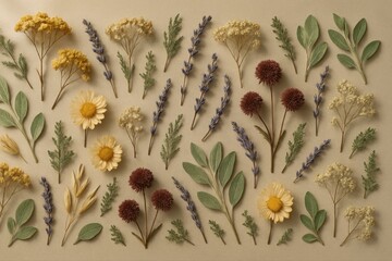 Flat lay of assorted flowers and leaves on a light colored background