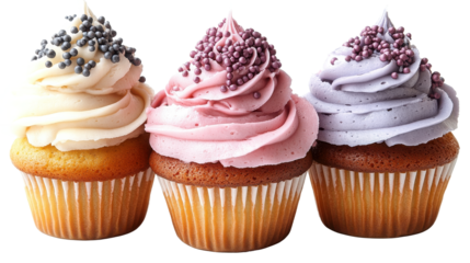 Three cupcakes with different frosting and sprinkles close together on transparent background