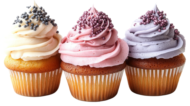 Three cupcakes with different frosting and sprinkles close together on transparent background