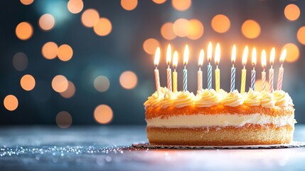 Birthday Cake with Glowing Candles on Dark Background