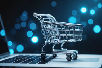 Abandoned Shopping Cart On Laptop - Digital E-Commerce Checkout Visualization With Blue Technology Background for Cart Abandonment Prevention Strategies and Online Retail Optimization