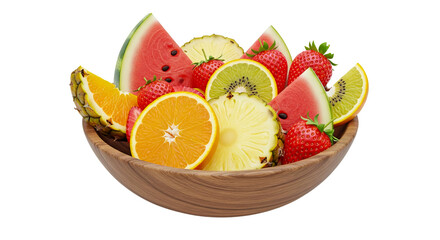 Vibrant Summer Fruit Salad in Wooden Bowl, Watermelon, Strawberries isolated on transparent background