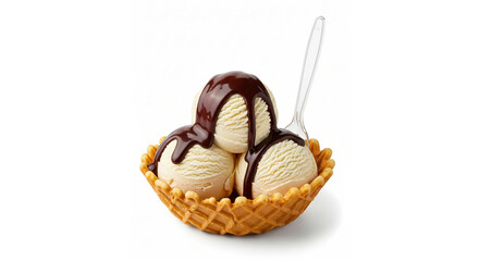 Delicious Vanilla Ice Cream Scoops with Chocolate Sauce in Waffle Bowl isolated on transparent background