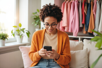 Young Woman Shopping Online - Smiling African American Female Adding Items to Digital Cart for E-Commerce Experience and Mobile Shopping Convenience