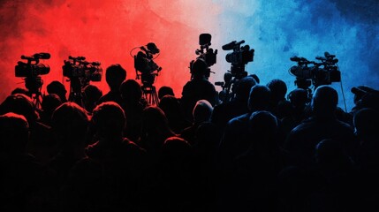 Obraz premium Media Cameras and Crowd Silhouettes in Red and Blue Background, Symbolizing Political Reporting, News Coverage, and Journalism Events at a Rally