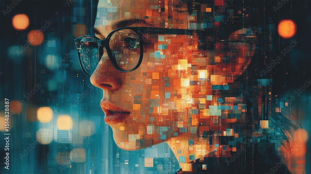 Poster profile of a woman with digital overlay of abstract patterns and bright lights, symbolizing technolo
