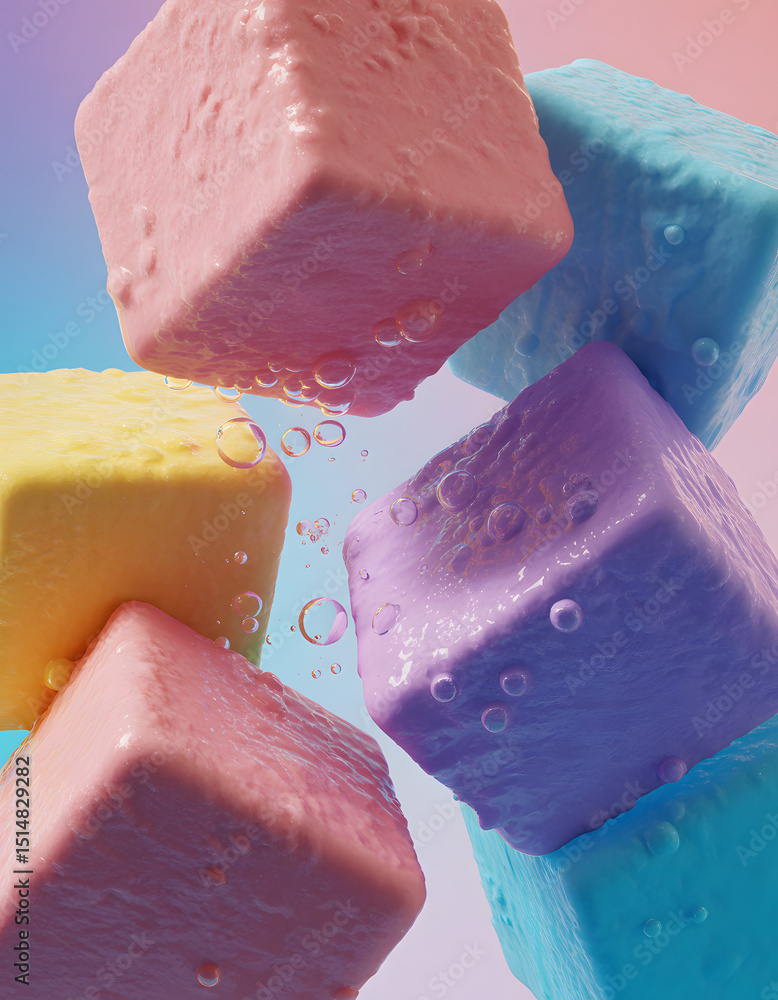 Poster an abstract composition featuring colorful cubes with a textured surface surrounded by bubbles.