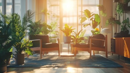 Sunlit Indoor Oasis, Tranquil Living Space Filled with Lush Greenery