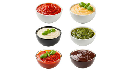 Six Delicious Dips Tomato, Pesto, Mayonnaise isolated on transparent background