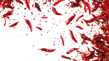 Red Hot Cascade Exploding Chili Peppers on Black Background Spicy Sensation.