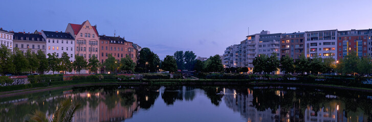 Berlin, Germany, May 25, 2025, evening view over the Engelbecken in Kreuzberg in the direction of Leuschnerdamm and Legiendamm