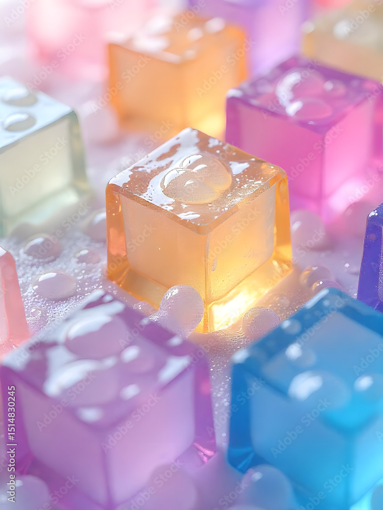 Poster vibrant and translucent colorful cubes with water droplets, creating a playful abstract scene.