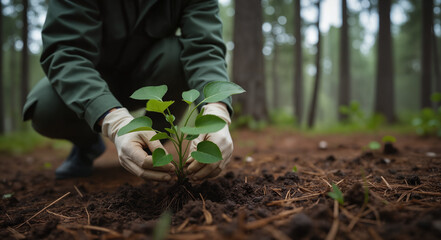 Forest Ranger Planting Young Sapling – Close-Up of Gloved Hands With Small Tree in Soil for Conservation Efforts, Environmental Restoration, and World Ranger Day Awareness
