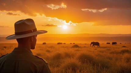 Wildlife Ranger at Sunset – Silhouette of Conservation Officer Observing Elephants on African Savanna for World Ranger Day, Conservation Awareness, and Wildlife Protection Campaigns