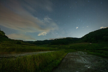 Obraz premium 日本の岡山県美咲町の大垪和西の棚田の美しい星空