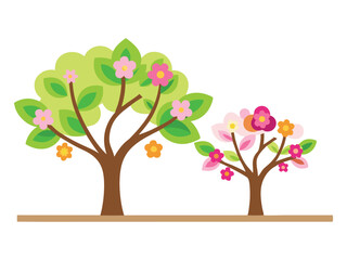 Obraz premium Two blooming trees springtime illustration isolated on white background 