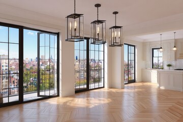 Spacious, sun-drenched apartment interior, city views
