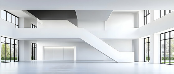 Obraz premium Modern Minimalist White Interior Space With Stairs